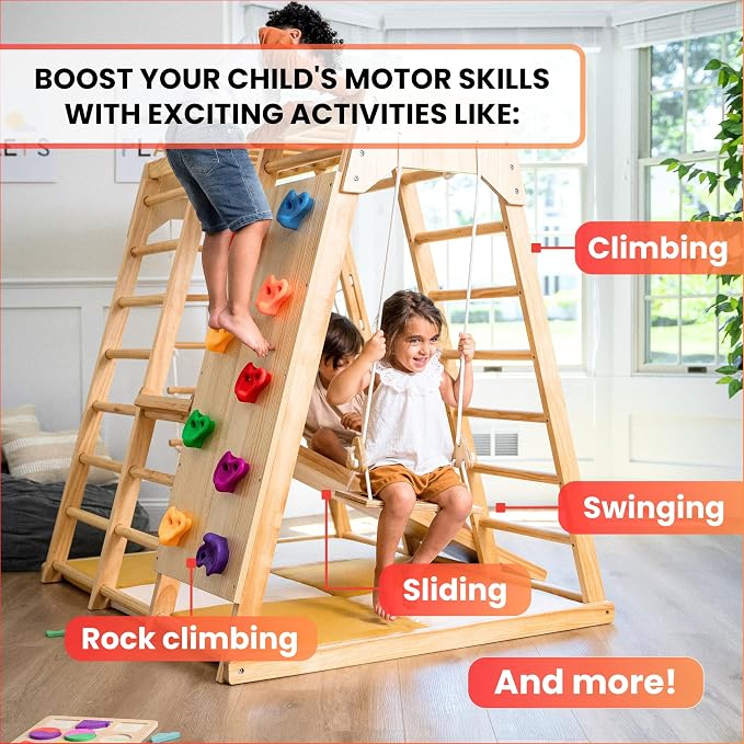 Avenlur Indoor Playground Jungle Gym – Magnolia 6-in-1 Montessori Wooden Indoor Playground for Kids & Toddlers Ages 2-6 – Waldorf Toys, Rope Ladder, Indoor Swing, Baby Slide, Rock Climbing Wall, More