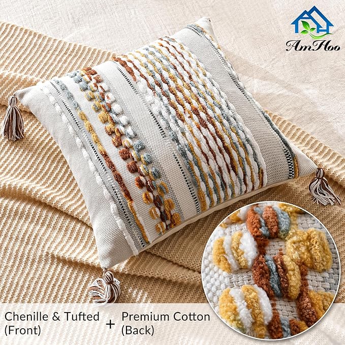 Chenille Striped Textured Boho Throw Pillow Covers Aesthetic with Tassels Woven Decorative Pillow Case for Couch Bed Sofa Bedroom Modern Funky 18 x 18-Inch Brown