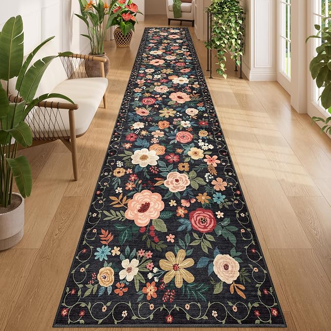 DUKINO 2.6x14 Washable Runner Rug, Floral Non Slip Long Runner Rug, Black | Soft, Low Pile, Ultra Thin Indoor Rug Runner for Hallway, Entryway, Kitchen, Bedroom, Bathroom, Pet Friendly, Home Decor