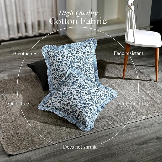 CPC Ocean Vine Hand Block Print 100% Cotton Ruffle Throw Pillow Cover 18x18 inch with Hidden Zipper Decorative for Couch, Bed, Sofa, Farmhouse, Cottagecore Decor Gift Christmas Fall Thanksgiving