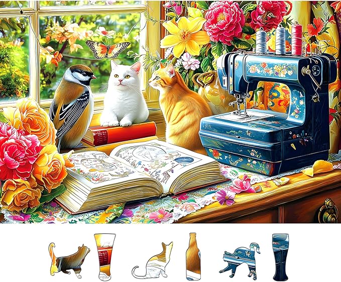 Blueforest 500 Piece Puzzle for Adults, Cozy Sewing Room Jigsaw Puzzle - Cats, Birds & Vintage Sewing Machine, 23x15 Inch Unique Shaped Pieces Art Puzzle, Hard Difficult Challenging Fun Puzzles