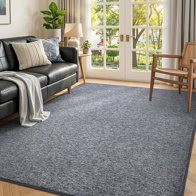 FinRèc 4x6 Washable Area Rugs for Bedroom Living Room, Low Pile Thin Rug Solid Color, Non-Slip Carpet Indoor for Home Decor (Grey Blue/White)
