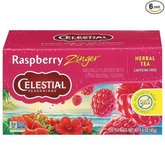 Celestial Seasonings Raspberry Zinger Herbal Tea, Caffeine Free, 20 Tea Bags Box (Pack of 6)