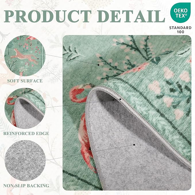 DUKINO 2x8 Washable Runner Rug, Non Slip Animal Kitchen Runner Rug, Teal | Soft, Low Pile, Non-Shedding Indoor Carpet Runner for Hallway, Entryway, Bedroom, Bathroom, Pet Friendly, Stain Resistant