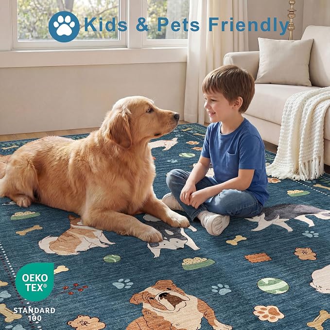 DUKINO 2x4 Rug Runner, Washable Dog Bathroom Rug Soft Non Slip, Blue | Low Pile, Non-Shedding, Stain Resistant, Indoor Animal Carpet Runner for Kitchen Entryway Hallway Laundry Farmhouse Bedroom