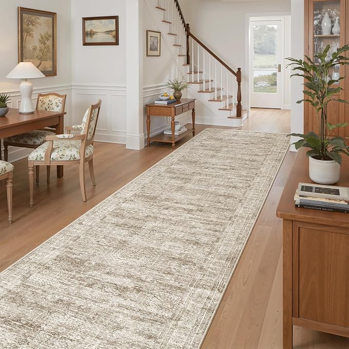 Soalmost Washable 3x12 Hallway Runner Rug Non-Slip Kitchen Entry Rugs Brown | Vintage Long Runners 12ft for Bathroom Entryway, Foldable Low-Pile Wide Floor Carpet Mat for Corridor Laundry Room Bedroom