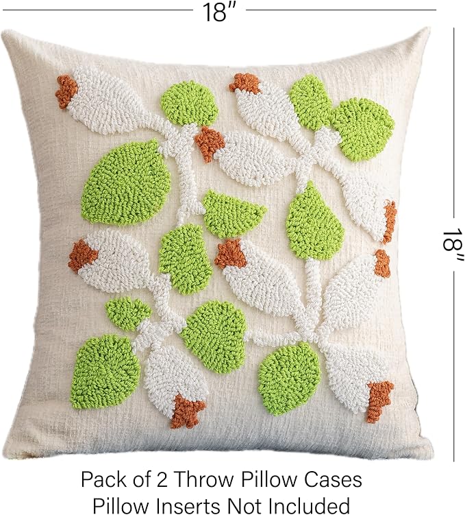 Summer Floral Throw Pillow Covers 18x18 Inch Set of 2, Chenille Embroidered Pillowcase with 3D Tufted White Flowers and Green Leaves, Boho Decorative Cushion Covers for Couch Sofa Bed