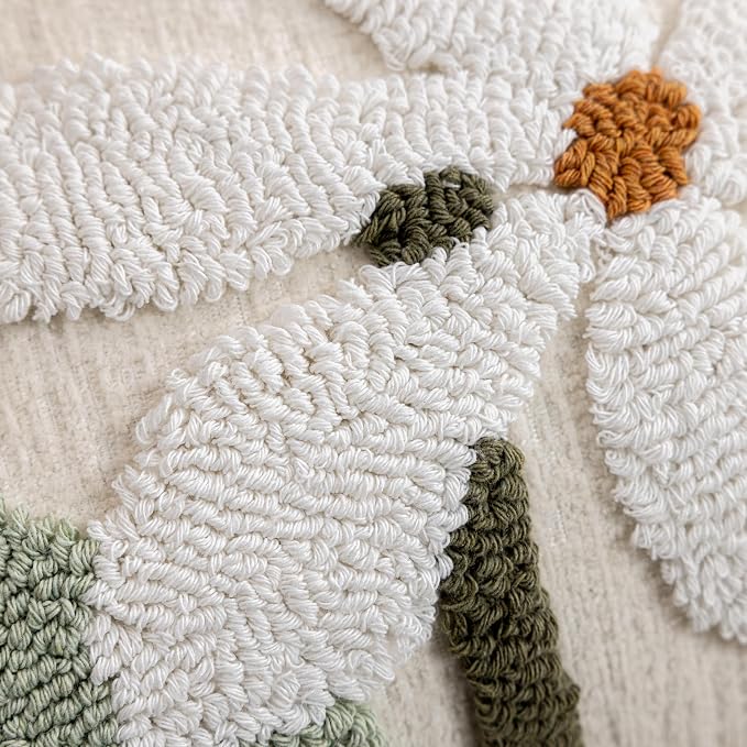 Summer Daisy Throw Pillow Covers 18x18 Inch Set of 2, Chenille Embroidered Pillowcase with 3D Tufted White Flowers Sage Green Leaves, Boho Decorative Cushion Covers for Couch Sofa Bed