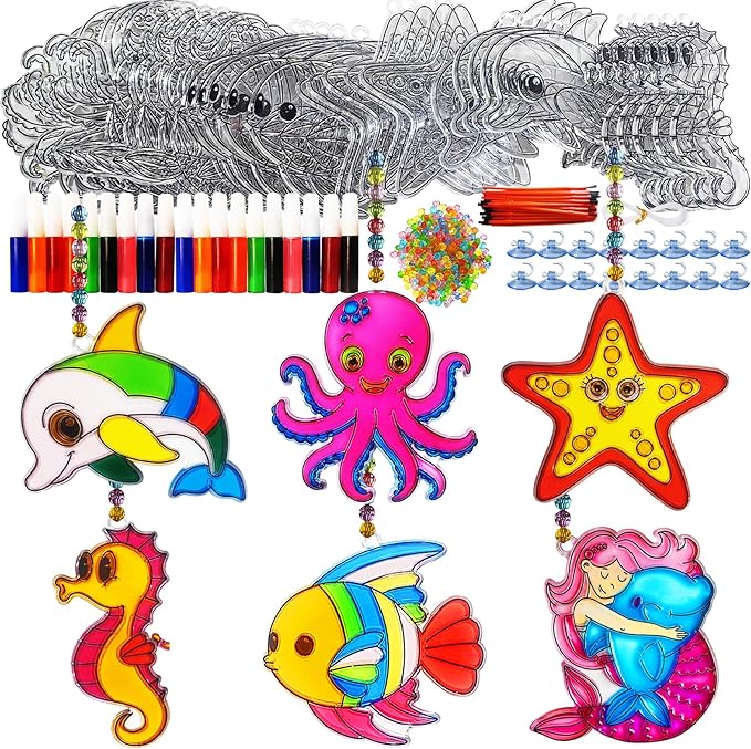 Ayhuhra 30 Sets Ocean Animals Suncatcher Crafts Under The Sea Sun Catchers Kits DIY Summer Window Paint Art for Sea Theme Party Home Decor
