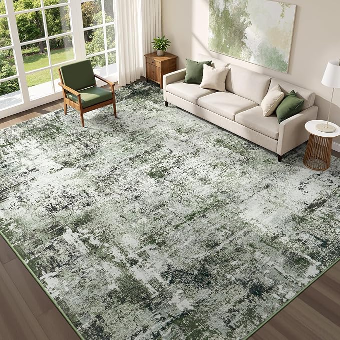 Rugflix 8x10 Area Rugs for Living Room, Washable Dark Green Large Rug | Machine Washable; Stain-Resistant; Low Pile; Non-Slip; Modern Abstract; Carpet for Bedroom Dining Office Nursery Home