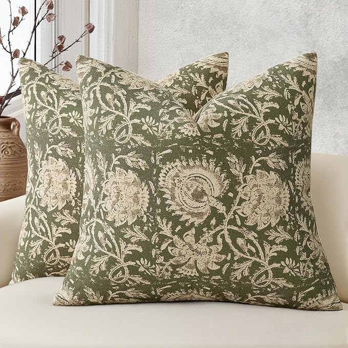 Vintage Floral Print Throw Pillow Covers 22x22 Set of 2 Neutral Modern Farmhouse Accent Decorative Cushion Covers Boho Home Decor for Couch Sofa Chair Bed Living Room, Olive Green
