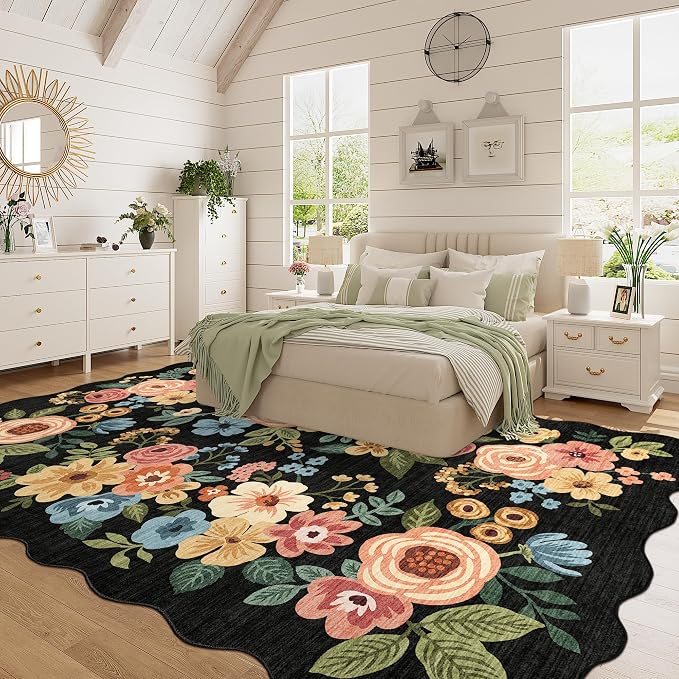 DUKINO 5x8 Washable Area Rug, Soft Floral Living Room Rug Non Slip, Black | Low Pile, Non Shedding Thin Throw Rugs for Bedroom, Dining Room, Home Office, Kids Playroom, Pet Friendly, Modern Home Decor