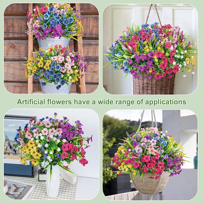 Ouddy Decor 24 Pcs Mixed Artificial Flowers for Outdoors Home Decorations | Fake silk flowers, plastic plants, faux lavender, UV resistant for garden patio window box office table kitchen home decor