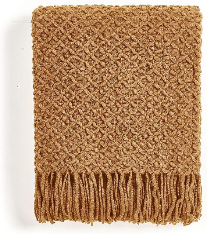 CREVENT Farmhouse Boho Knitted Throw Blanket for Couch Sofa Chair Bed Home Decoration, Soft Warm Cozy Light Weight for Spring Summer Fall (60''X80'' Light Brown)