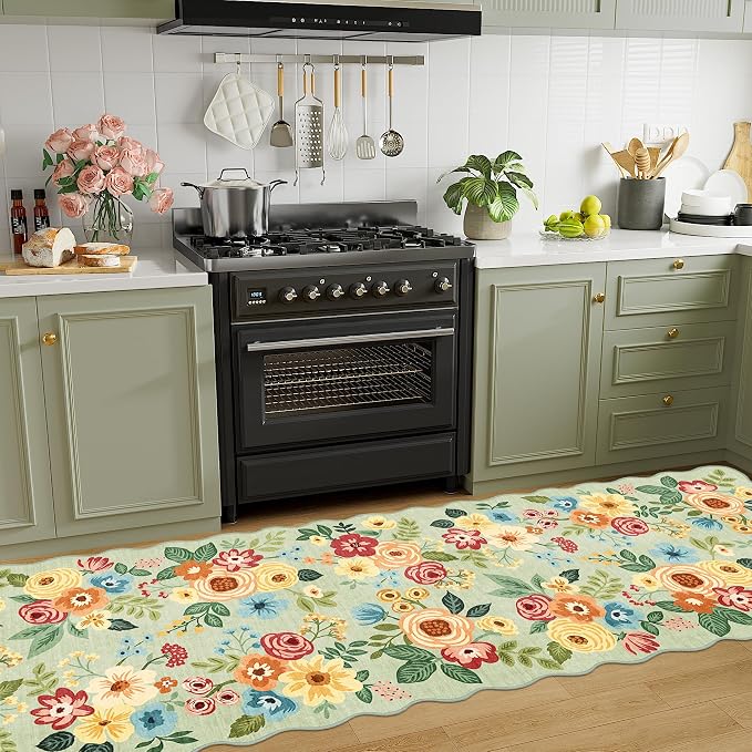 DUKINO 2.6x10 Runner Rug for Hallway, Floral Washable Rug Non Slip, Green | Soft, Low Pile, Lightweight Indoor Throw Rug Runner for Entryway, Bedroom, Bathroom, Laundry, Pet Friendly, Modern Home Decor