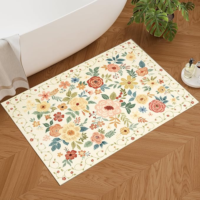 DUKINO 2x3 Entryway Rug, Door Mat Soft Washable Rug Non Slip, Beige Yellow | Low Pile, Non-Shedding, Floral Small Rug for Kitchen, Entrance, Bedroom, Bathroom, Pet Friendly, Stain Resistant, Home Decor