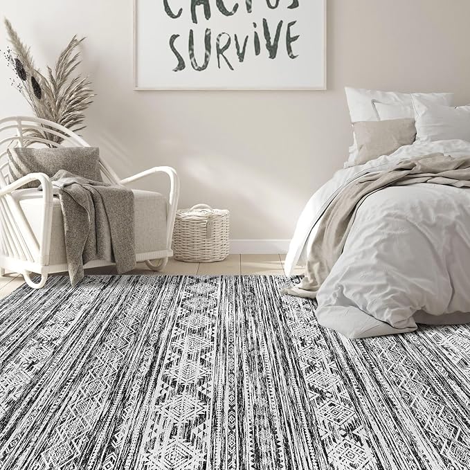 Nakagishi Boho 5x7 Area Rug Living Room Rugs Machine Washable Black White | Soft, Pet & Kid Friendly, Carpet for Living Room/Bedroom/Office/Kitchen/Nursery, Daily Home Decor Stain Resistant Moroccan