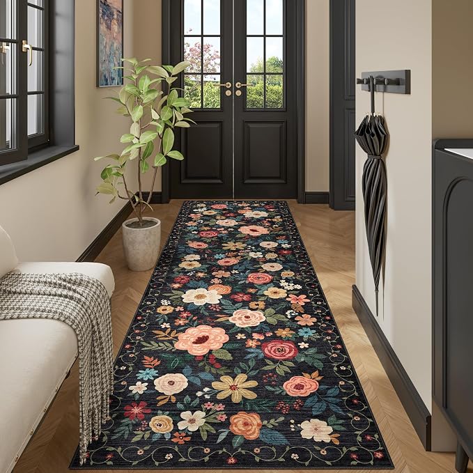DUKINO 3x10 Runner Rug, Floral Washable Kitchen Runner Rug Non Slip, Black | Soft, Low Pile, Stain Resistant Indoor Rug Runner for Hallway, Entryway, Bedroom, Bathroom, Modern Home Decor, Pet Friendly
