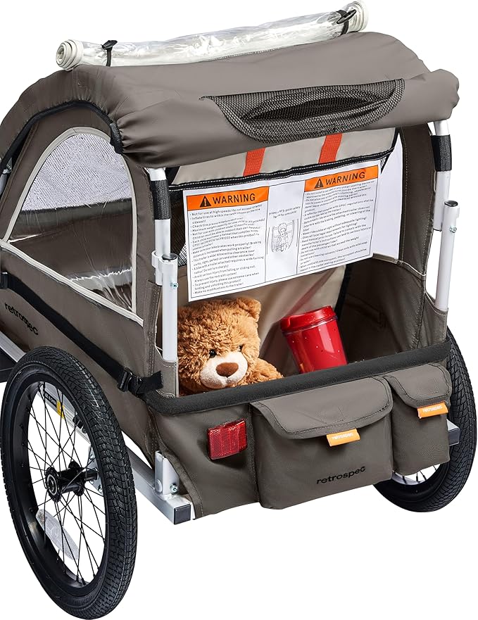 Retrospec Rover Plus Bike Trailer for Kids - Foldable Single/Double Passenger Design with 5-Point Safety Harness, Weather-Resistant Fabric & Safety Flag - 40-80 lbs