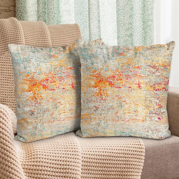 Boho Floral Throw Pillow Covers 18x18 inch Set of 2,Cream Boho Rug Geometric Floral Pattern Decor Double Sided Pattern Cushion Cover Soft Pillow Case Living Sofa Room Bed Square Pillow Cover