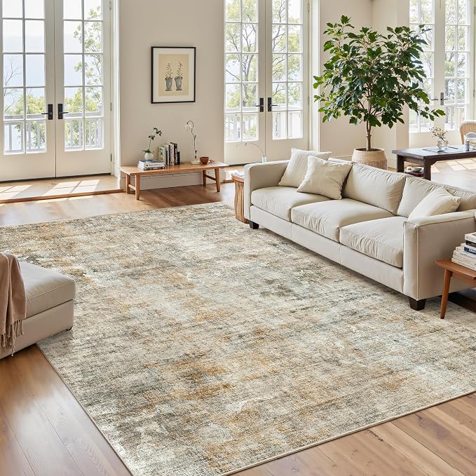 Soalmost Abstract Rug 5x7 Washable Area Rugs for Living Room, Orange/Brown | Vintage Non-Slip Indoor Accent for Bedroom Dining, Foldable Stain Resistant Floor Carpet Mat Under Table Home Office Decor