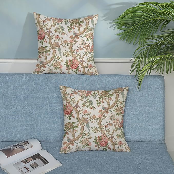 Chinoiserie Pillow Covers 18x18 Set of 2 Pink Green Bird Floral Throw Pillows Vintage Pink Flower Bird Decorative Pillow Cases Outdoor Chinoiserie Decor Farmhouse Cushion Case for Couch Sofa