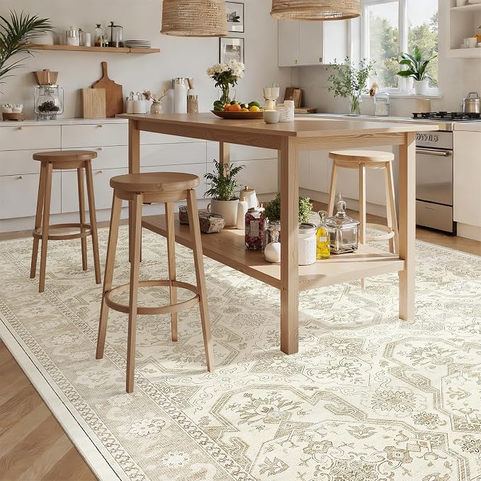 Soalmost 8x12 Area Rugs Large Washable Living Room Rug Non-Slip Beige/Brown | Soft Farmhouse Vintage Carpet for Dining Bedroom, Stain Resistant Low Pile Foldable Thin Floor Mat Under Table Home Decor