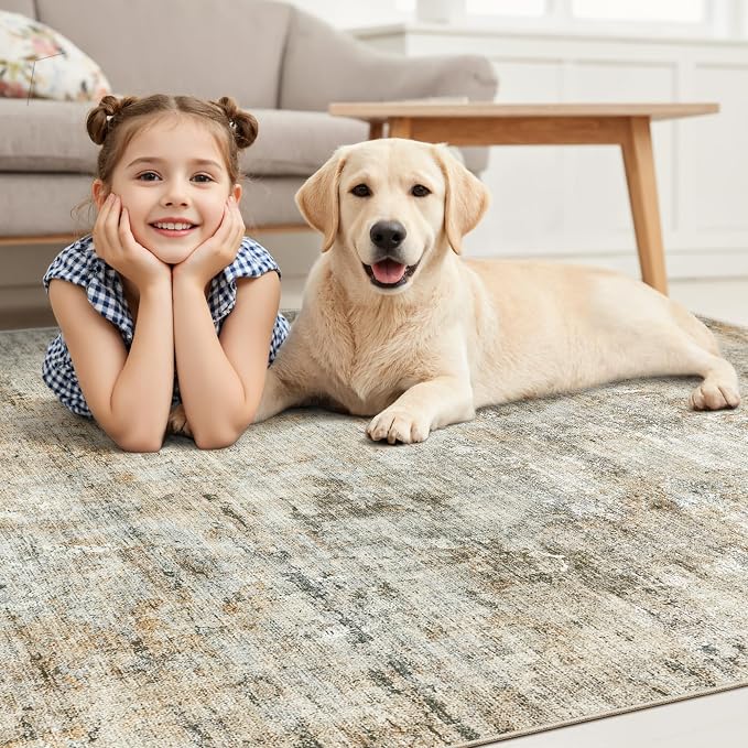 Soalmost 9x12 Area Rugs for Living Room Washable Rug Abstract Orange/Brown | Non-Slip Large Modern Carpet for Dining Bedroom, Soft Low Pile Lightweight Foldable Floor Mat Nursery Home Office Decor