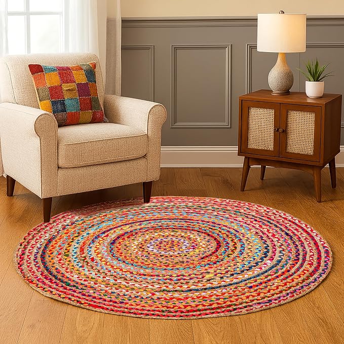 Hausattire Bohemian Braided Rug 4' Round - Multi Color, Circle Farmhouse Jute Cotton Area Rag Rug for Kitchen, Kids Bedroom, Playroom | Colorful Hand Woven Reversible Pet Friendly Carpet
