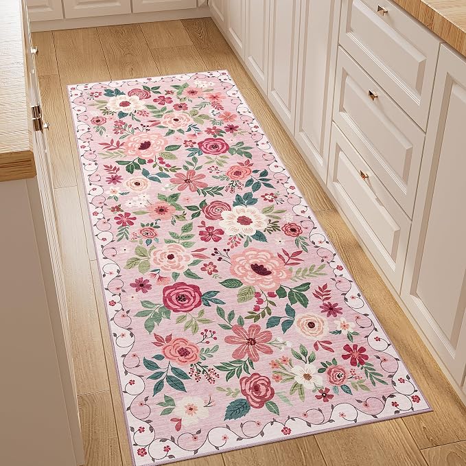 DUKINO 2x5 Runner Rug, Floral Washable Rug for Kitchen Non Slip, Pink | Low Pile, Soft, Stain Resistant Indoor Rug Runner for Entryway, Hallway, Bedroom, Bathroom, Laundry, Pet Friendly, Home Decor