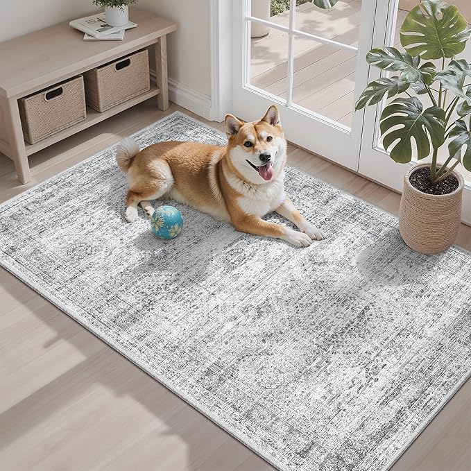 Soalmost 3x4 Rugs Non-Slip, Small Washable Kitchen Entryway Area Rug Grey | Vintage Low Pile Carpet for Nursery Coffee Table Bathroom, Foldable Stain Resistant Indoor Door Mat Entrance Powder Room