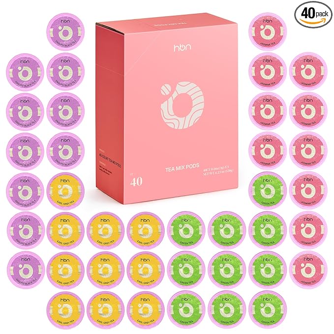 HBN Tea 40-Count Sampler Variety Pack for K-Cup Brewers, Healthy & Energizing Tea Capsules, Gift Box Set (Green, English Breakfast, Earl Grey, Jasmine)