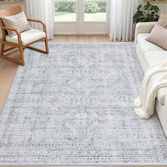 6x9 Area Rugs for Living Room: Vintage Boho Neutral Washable Rug Indoor Soft Large Area Rug Carpet for Bedroom Nursery Farmhouse Dining Room Office Floor Non-Slip Low Pile Under Table Rug Gray