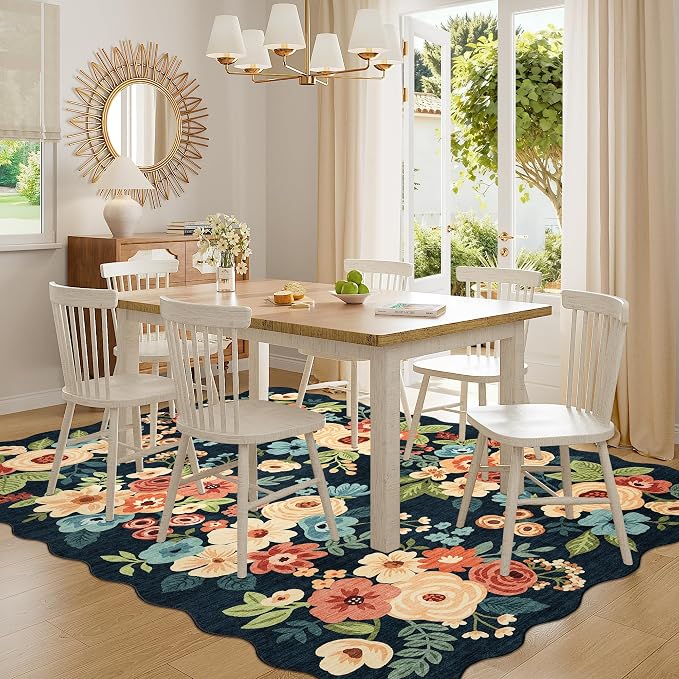 DUKINO 6x9 Area Rugs, Floral Washable Living Room Rug Non Slip, Navy Blue | Low Pile, Stain Resistant Throw Rug Runner for Entryway, Bedroom, Bathroom, Laundry, Pet Friendly, Modern Home Decor
