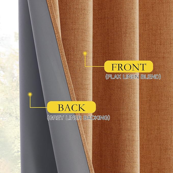 NICETOWN 100% Blackout Burnt Orange Curtains, W52 x L90 in, Thick Linen Blend Rod Pocket & Back Tab, Thermal Insulated Draperies with Grey Liner for Bedroom, Living Room(Set of 2, Terracotta)