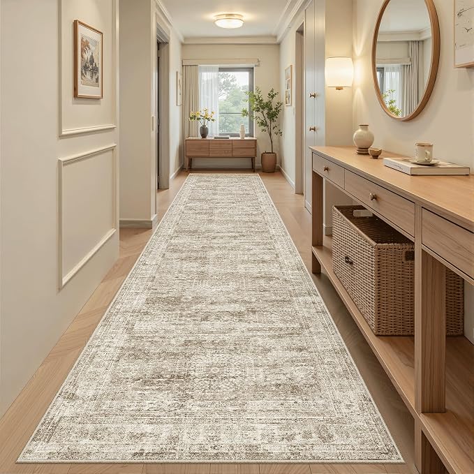 Soalmost Washable 3x12 Hallway Runner Rug Non-Slip Kitchen Entry Rugs Brown | Vintage Long Runners 12ft for Bathroom Entryway, Foldable Low-Pile Wide Floor Carpet Mat for Corridor Laundry Room Bedroom