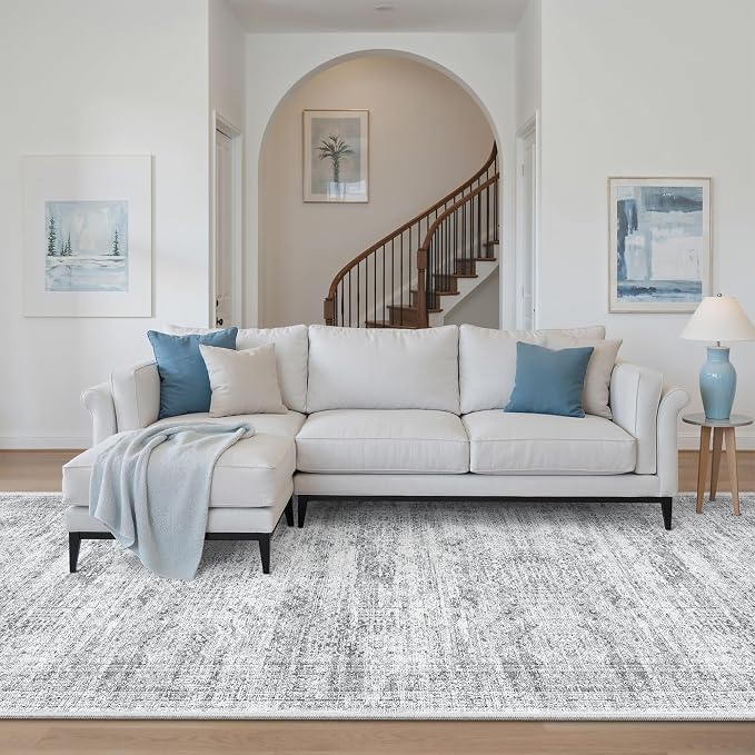Soalmost Washable Hallway Runner Rug 4x12 Kitchen Entry Rugs Non-Slip, Grey | Vintage Wide Runners for Living Dining Room Entryway, Stain Resistant Low-Pile Long Floor Carpet 12ft for Nursery Bedroom