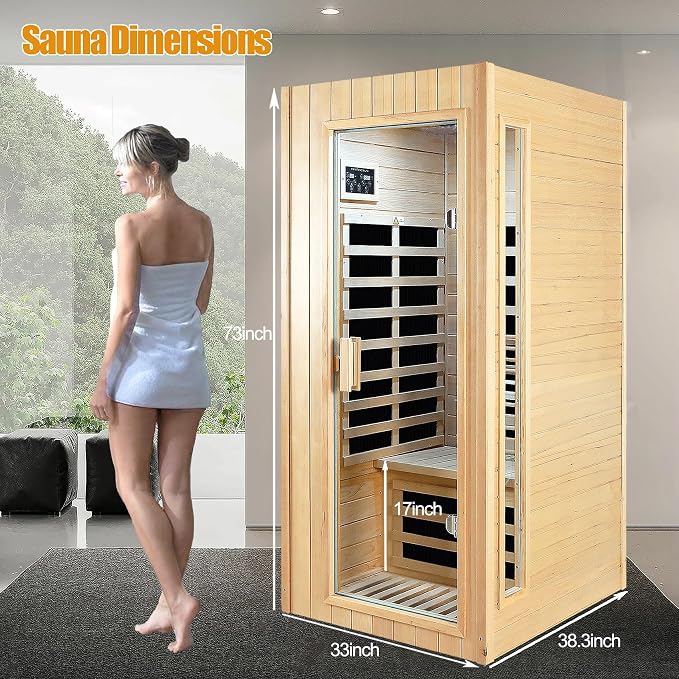 Far Infrared Sauna 1 Person Infrared Sauna Room Canadian Hemlock Wooden Sauna for Home, 1300W Low-EMF Indoor Saunas with Control Panel, Bluetooth Speakers, LED Reading Lamp, Tempered Glass Door