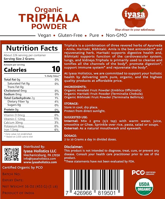 Iyasa Holistics Organic Triphala Powder,Ayurveda Superfood,Natural Body Detox,Bowel Cleanser,Herbal Laxative,16 Ounce 453 Gram