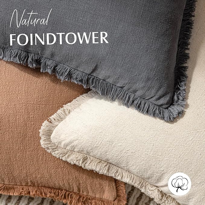 Foindtower Set of 2 Decorative Linen Fringe Throw Pillow Covers Cozy Boho Farmhouse Cushion Cover with Tassels Soft Accent Pillowcase for Couch Sofa Bed Living Room Home Decor, 26×26 Inch, Gray