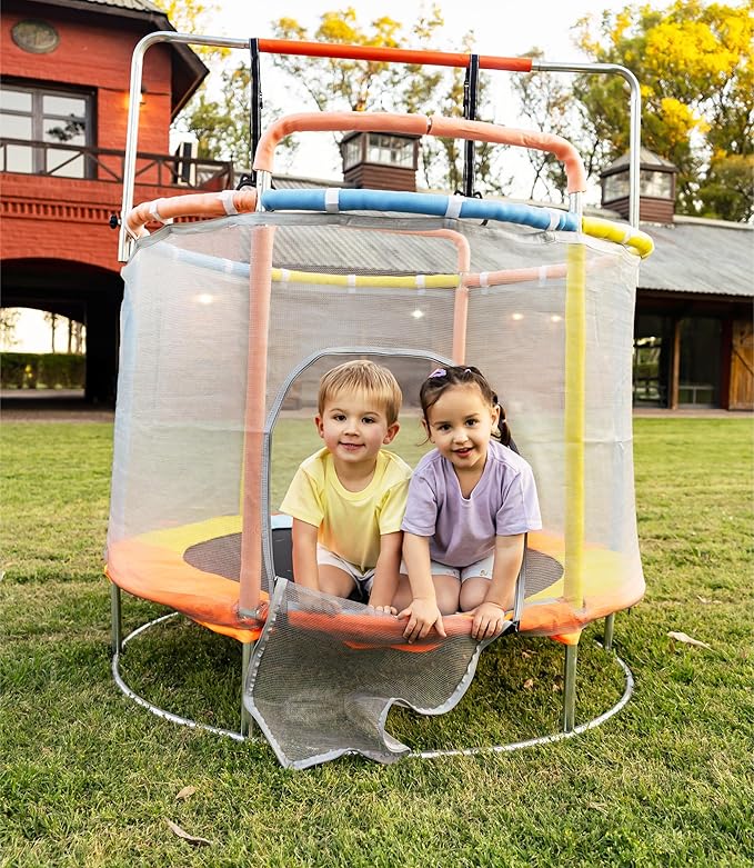 Trampoline for Kids with Safety Enclosure Indoor and Outdoor Toddler Trampoline for Kids Anti Rollover Round Base Double Safety Handles 440 lbs Capacity ASTM Tested Easy Assembly Gift