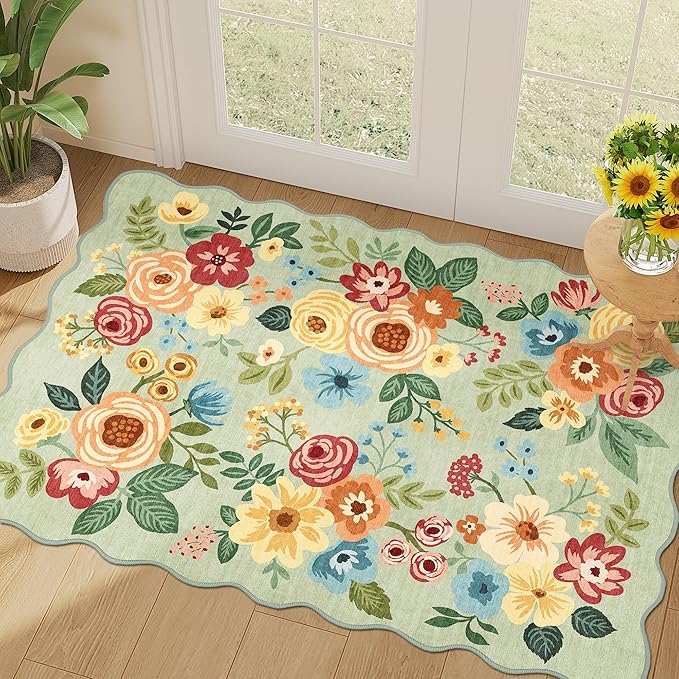 DUKINO 2x3 Rugs for Entryway, Floral Door Mat Washable Kitchen Rugs, Green | Non Slip, Low Pile, Soft Small Rugs for Entrance, Bedroom, Bathroom, Laundry, Pet Friendly, Non-Shedding, Modern Home Decor