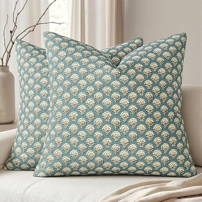 MIULEE Floral Print Decorative Pillow Covers 18x18, Lake | Vintage Boho Farmhouse Modern Home Decor, Set of 2, Block Print Cushion Covers for Couch Sofa Bed Living Room