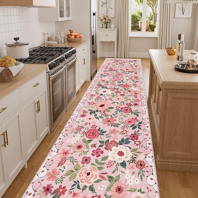 DUKINO 3x12 Washable Runner Rug, Long Hallway Runner Rug Non Slip, Pink | Soft, Low Pile, Floral Indoor Runner Rug for Kitchen, Entryway, Bedroom, Bathroom, Laundry, Modern Home Decor, Non-Shedding