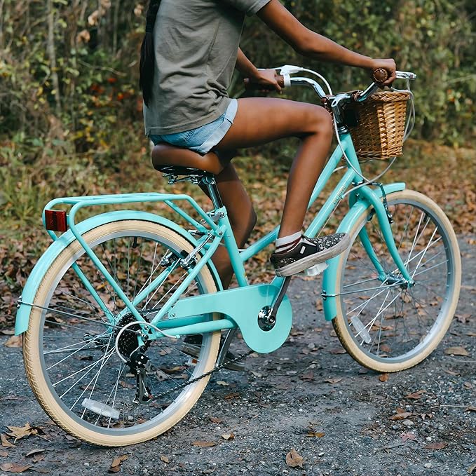 Glerc 20 24 26 Inch Beach Cruiser Bike, 6-Speed Hybrid City Bicycle for Girls Youth and Over 6 Years Old, Missy Bike with Wicker Basket & Lightweight, Multiple Colors