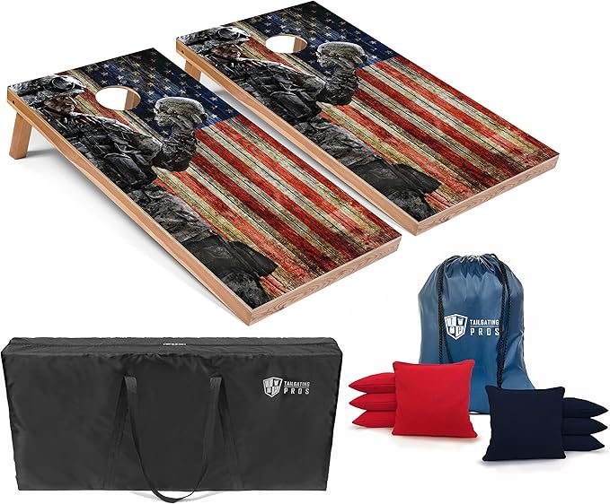 Tailgating Pros American Themed Lightweight Corn Hole Board Set w/Multicolored LED Rings, Bean, Bags, and Carrying Case - 4'x2' Cornhole Toss