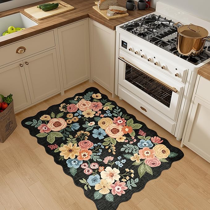 DUKINO 2x3 Rugs for Entryway, Floral Door Mat Washable Kitchen Rugs, Black | Non Slip, Low Pile, Soft Small Rugs for Entrance, Bedroom, Bathroom, Laundry, Pet Friendly, Non-Shedding, Modern Home Decor