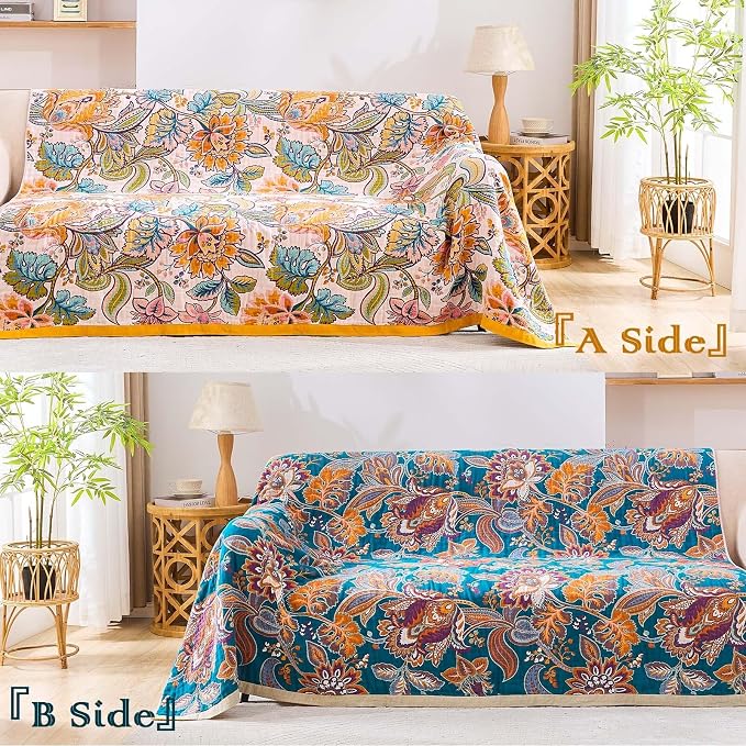 XIBLC Boho Throw Blanket for Bed, 100% Cotton Soft Rustic Quilt Fall Blanket, 50"x60" Floral Printed Farmhouse Decor Bed Blankets, All Season Rustic Reversible Bohemian Throw Quilt