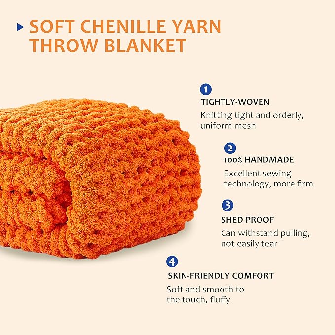 L'AGRATY Chunky Knit Throw Blanket for Couch 60'' x 80'' Knit Throw, Orange | Handmade Chenille Crochet Blanket for Sofa Bed, Thick Cable Knitted Blankets for Room Home Decor, Birthday Gift for Women Mom