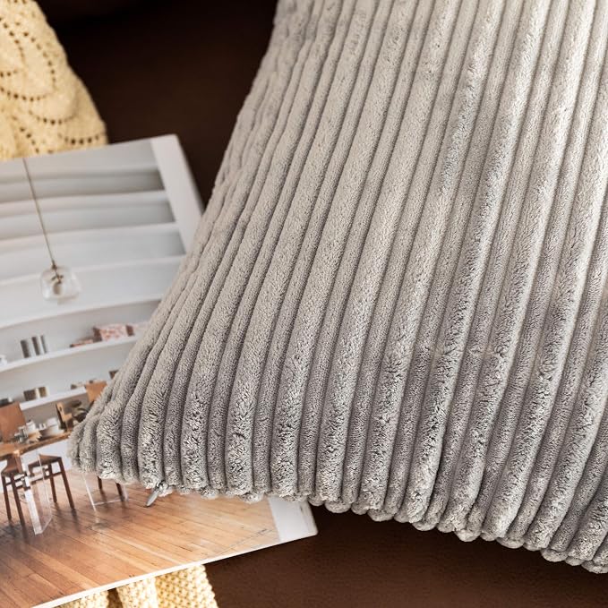 UGS UGASA Super Soft Plush Corduroy Solid Textured Large Throw Euro Pillow Sham Cushion Cover for Couch Floor, 2 Packs, 24 x 24(61 cm), Light Grey
